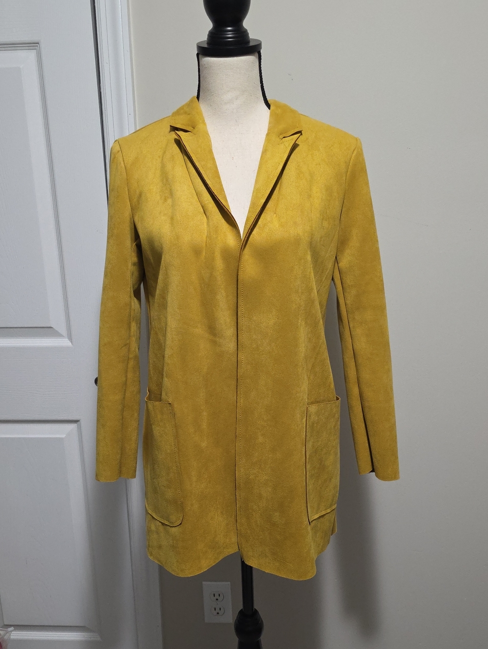 Premise Faux Leather Suede Open Front Blazer Mustard Seed Golden Yellow Small